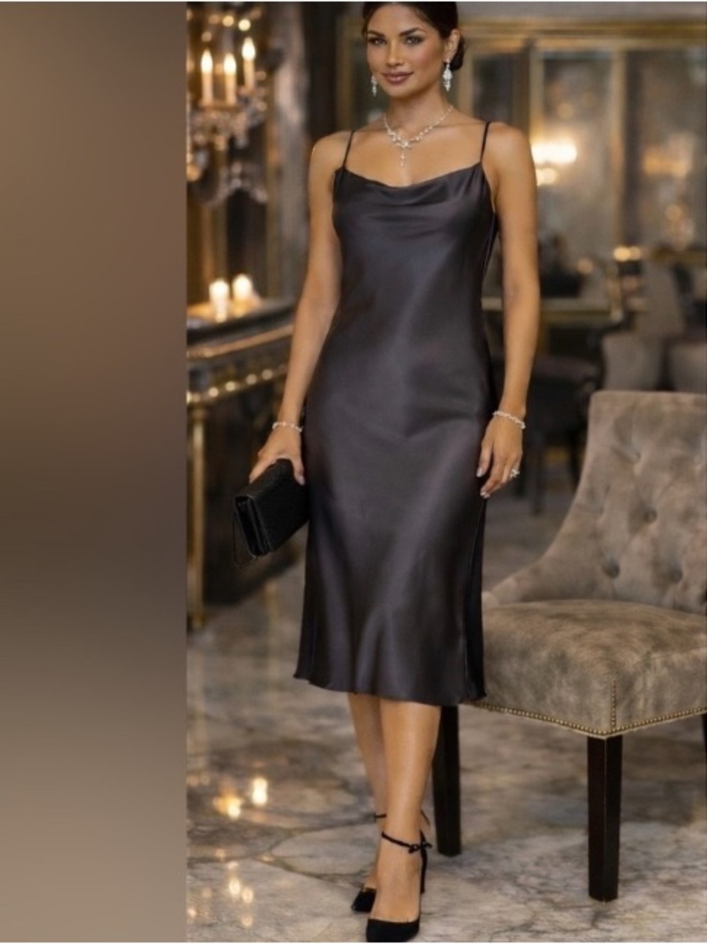 Bebe Elegant Black Satin Slip Dress with Cowl Neck NWT Size Medium
